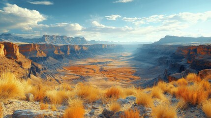 Expansive desert landscape with golden grass and dramatic cliffs under a vibrant sky