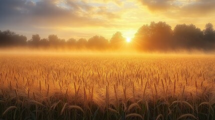 Golden wheat field at sunrise with mist, surrounded by trees and a serene sky