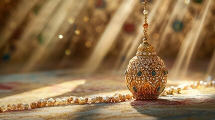 A stunning gold lantern is showcased in a beautifully lit for Ramadan Mubarak, Islamic Festival Celebration.
