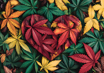 Cannabis leaf marijuana background with Heart Shape.