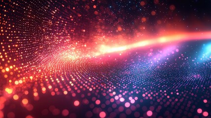 Vibrant abstract digital wave with colorful dots and light trails in a cosmic background