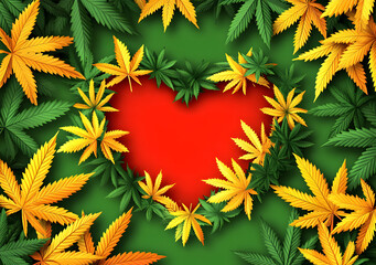 Cannabis leaf marijuana background with Heart Shape.