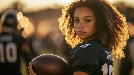 Young female athlete holding a football during sunset at a football practice session, showcasing determination and teamwork in youth sports.