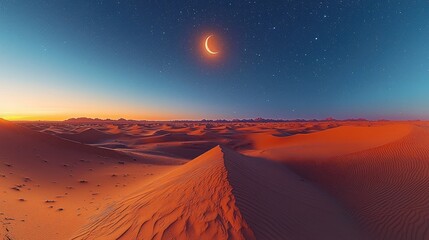 Serene desert landscape at twilight with crescent moon illuminating sandy dunes and starry sky