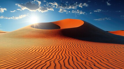 Serene Desert Landscape at Sunrise with Rolling Sand Dunes and a Clear Blue Sky