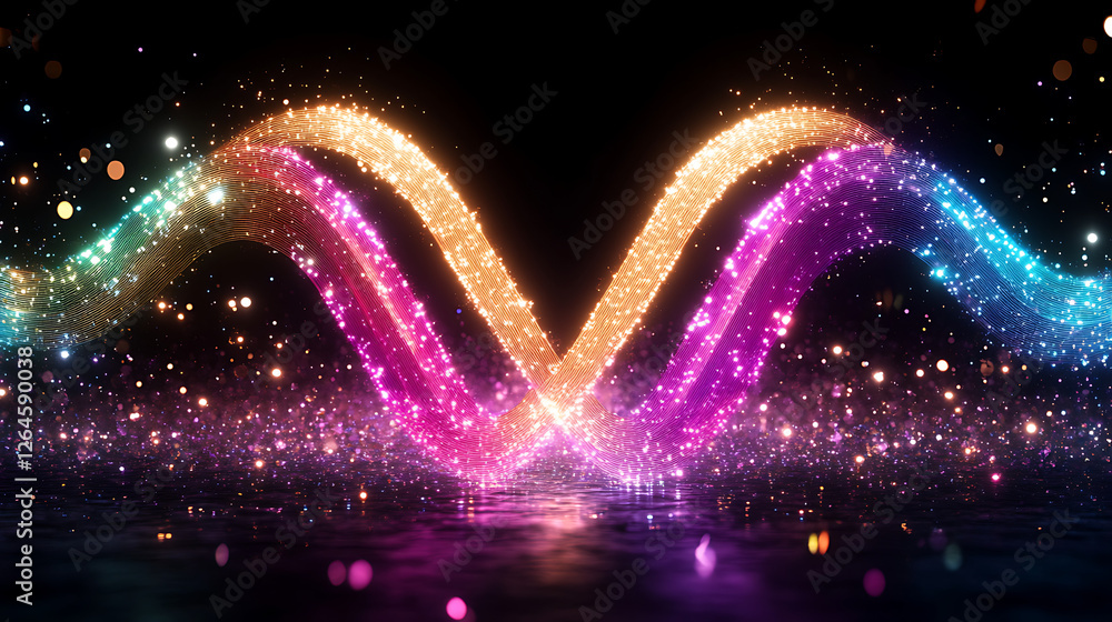 Poster sparkling wave radiance glittering reflections display with dynamic color transformation in dark sce