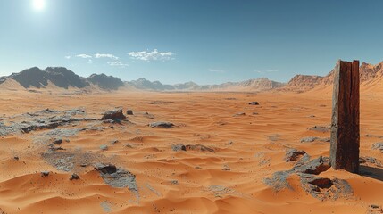 Vast desert landscape featuring towering rock formations under a clear blue sky