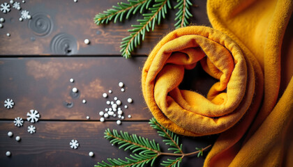 Cozy yellow scarf with pine branches and snowflakes