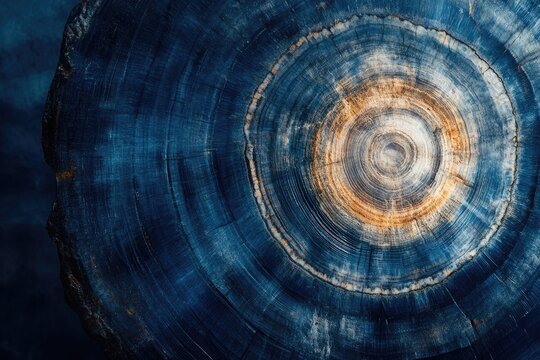 A mesmerizing close-up of a tree's cross-section, revealing intricate growth rings in deep blue and warm brown hues.