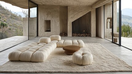 Modern minimalist living room featuring unique furniture design and scenic mountain view