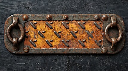 Rusty metal plate with textured surface, featuring rivets and worn edges against dark background