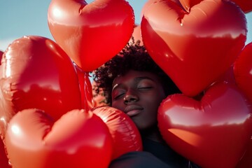 Commercial digital ads concept art. Valentine's day greeting from man or for man: breathtaking noticeable image of loving black young person boy. Love confession. Love confession. Caring man.