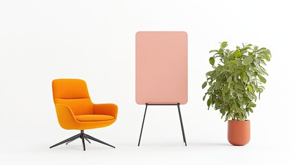 Modern interior setup featuring an orange chair, blank pink board, and a green plant in a minimalist space