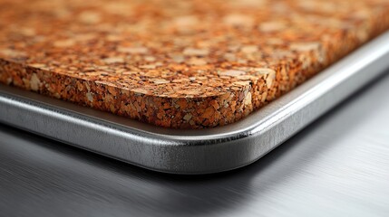 Close-up view of a textured cork surface on a sleek metal tray, showcasing intricate details