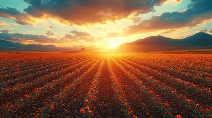 Vibrant sunset over a blooming flower field with mountains in the background, creating a serene atmosphere