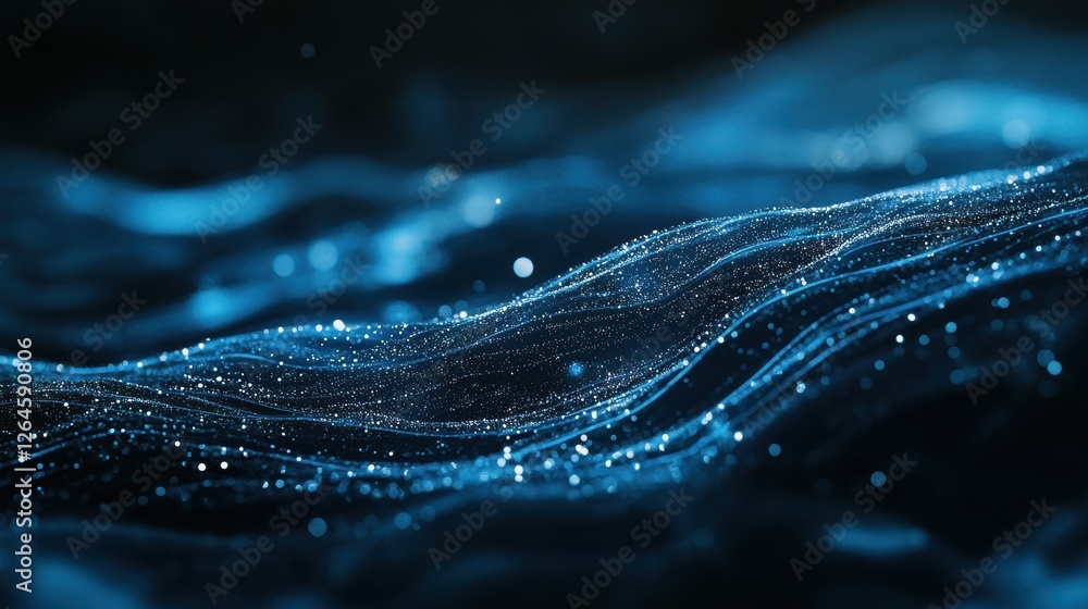 Poster abstract blue wave patterns with glowing particles for backgrounds, technology themes, and digital a