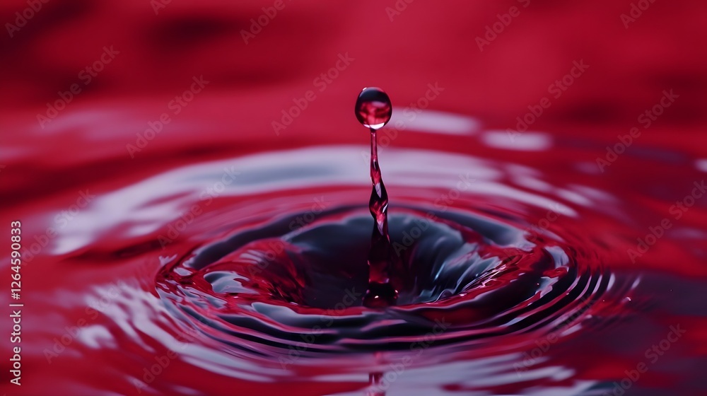 Poster close-up of a water droplet splashing into a vibrant red surface, creating ripples in a serene setti