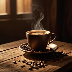 Steaming Hot Coffee Cup on Rustic Wooden Table – Warm and Inviting Coffee Illustration