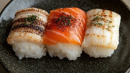 Delicious Trio of Grilled Sushi: Salmon, Scallop, and Squid