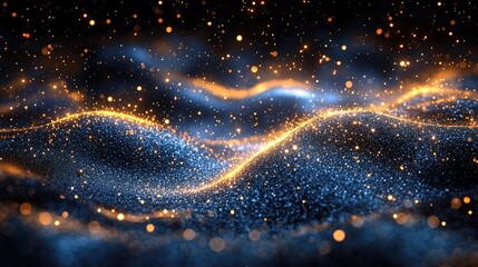 Abstract representation of shimmering waves with golden particles against a dark background