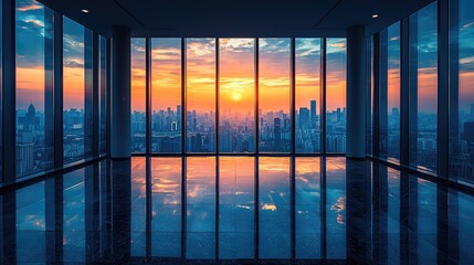 Stunning city skyline at sunset viewed from a modern high-rise office with reflective floors