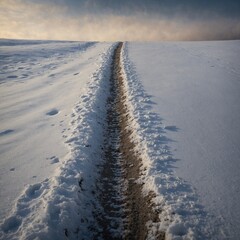 A horse’s hoofprints trailing off into the snowy distance, fading into nothingness.