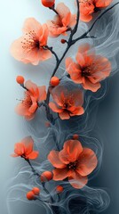 Delicate orange blossoms entwined with ethereal smoke against a soft gradient background