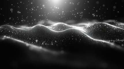 Abstract representation of flowing waves with sparkling particles in a dark environment