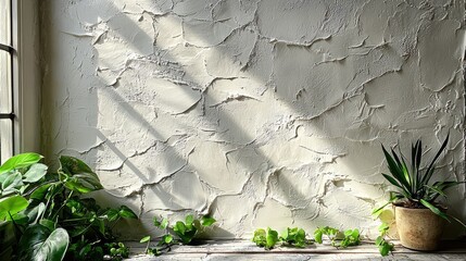 Sunlit interior with textured wall and various indoor plants creating a serene atmosphere