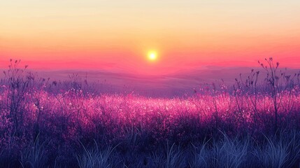 Vibrant sunset over a field of wildflowers, creating a serene atmosphere in nature