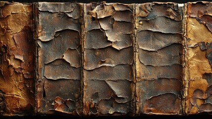 Close-up view of an ancient, weathered book cover displaying intricate textures and colors