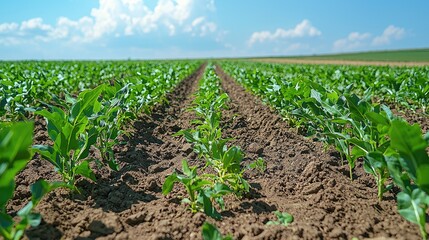 Lush green cornfield under a bright blue sky with fluffy clouds, showcasing healthy crops