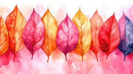 Vibrant watercolor illustration of autumn leaves in various colors against a soft background