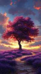 Majestic purple tree stands alone in a lavender field at sunset, with vibrant clouds overhead