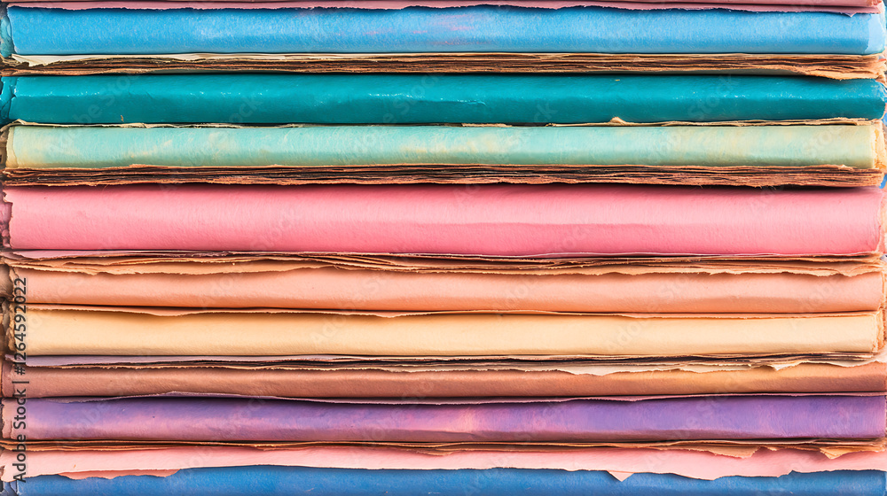 Poster stack of colorful old paper sheets textured surface background close up detail abstraction