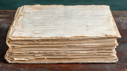 Close-up view of an ancient, worn book resting on a wooden surface, showcasing its textured pages