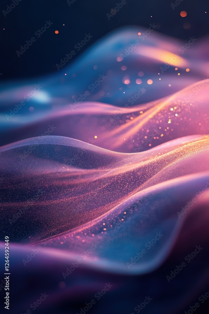 Poster abstract wavy patterns in vibrant colors, digital background with glowing particles, perfect for web