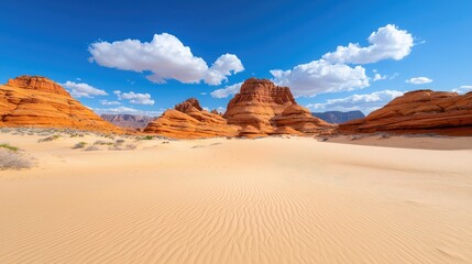 Desert sandstone formations under blue sky, travel background