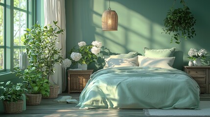 Serene bedroom with mint green decor, lush plants, and soft lighting creating a tranquil atmosphere