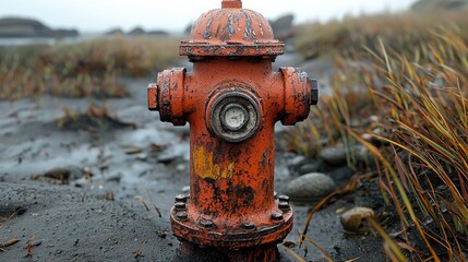 Bright orange fire hydrant standing on a wet, sandy beach with grass and rocks in the background