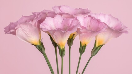 Obraz premium A bouquet of delicate pink flowers against a soft pink background.