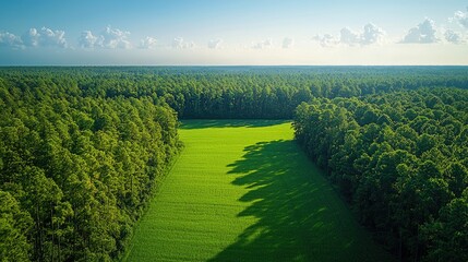 Lush Green Field Surrounded by Dense Forest Under a Clear Blue Sky with Soft Clouds