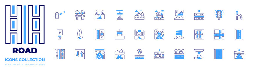 Road icon collection. Bold line style. Duotone colors. traffic barrier, parking sign, road barrier, lanes, navigation, priority, signal, traffic light, road banner, road, mountain road, road roller