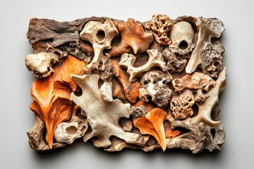 A curated arrangement of bleached animal bones and orange accents, artfully composed on a weathered wood base.
