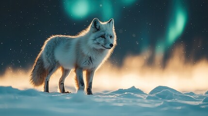Arctic fox standing in snow under northern lights with a serene winter landscape background
