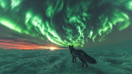 Majestic Arctic Fox Staring at Vibrant Northern Lights Over Icy Landscape at Sunset