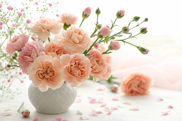 Elegant Peach And Pink Floral Arrangement In Vase On Wooden Surface Displaying