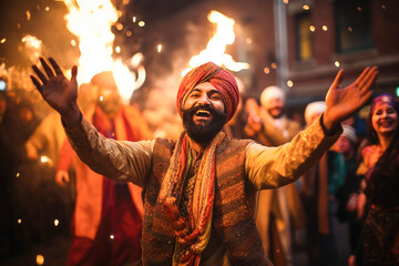 Punjabi religious people performing bhangra dance, celebrating lohri festival