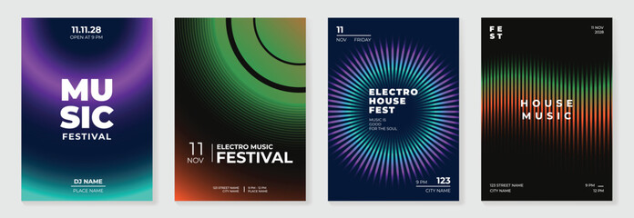 Music poster design background vector set. Electro Sound Cover template with vibrant abstract gradient geometric shape. Ideal design for social media, flyer, party, music festival, club.