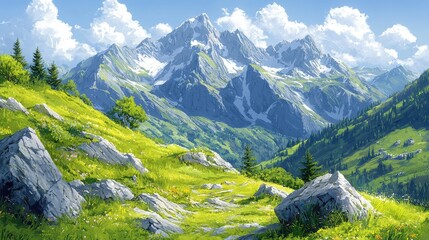 Serene mountain landscape with vibrant greenery, rocky terrain, and distant snow-capped peaks